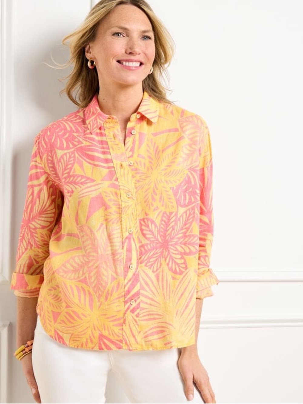 Talbots Linen Short Shirt Women’s Size 2X Button Front Tropical Floral Beach